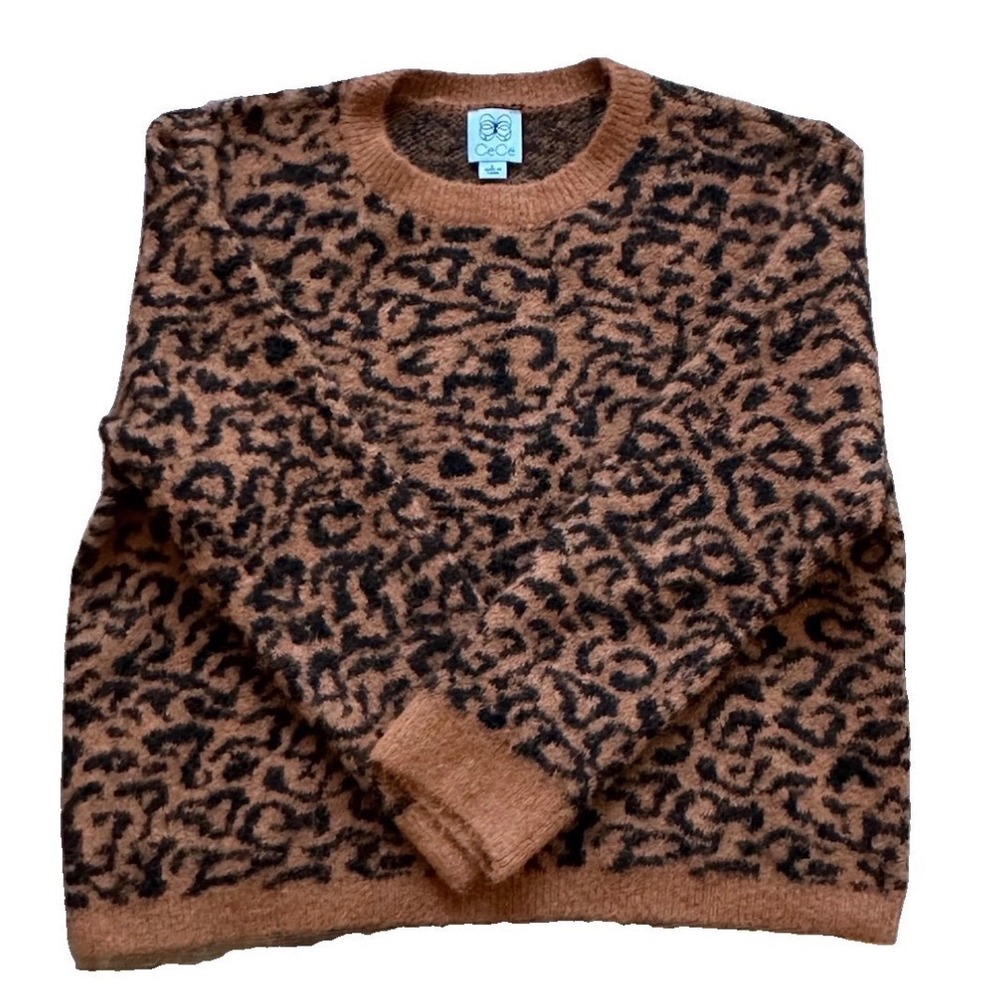 CeCe Women's Leopard Print Fuzzy Knit Crewneck Sweater Brown Black Large